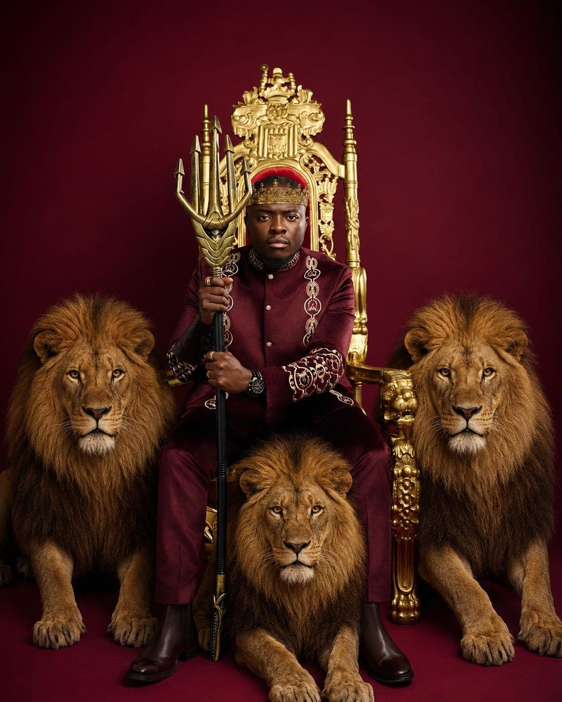 King Kaly seated on a gold throne between three lions